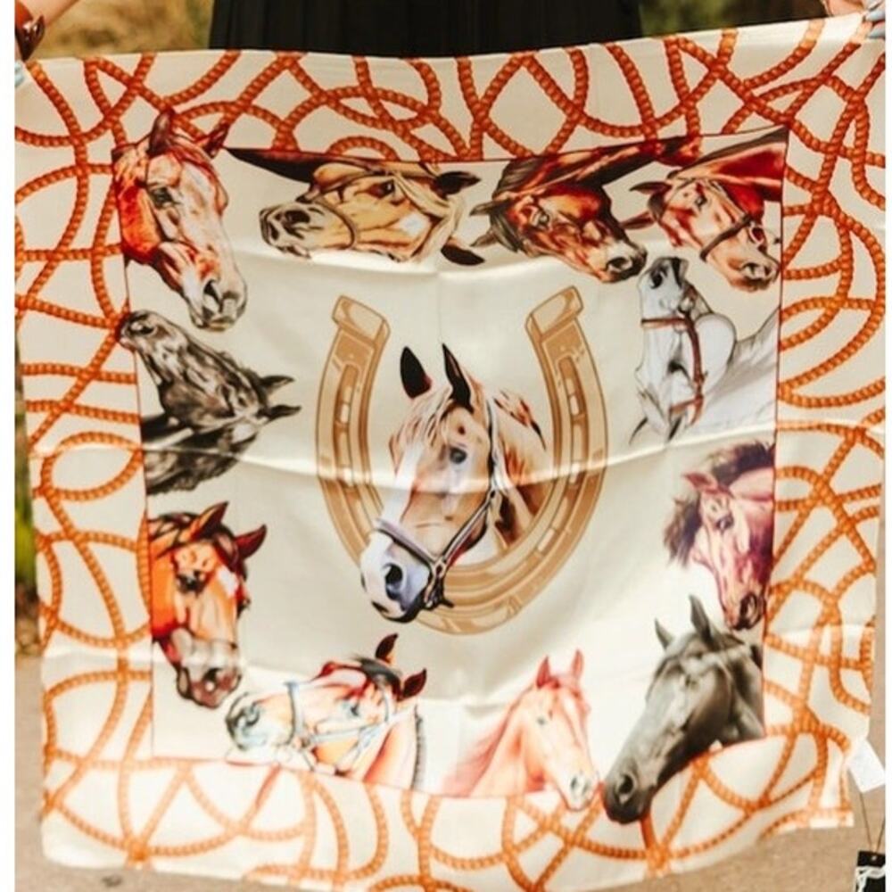 Cream Rope Horse Horseshoe Printed Western Southwestern Wild Rag Scarf Accent
